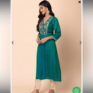 Green Embroidered Yoke Satin A-Line Kurta with Gold Pants size S, NWT